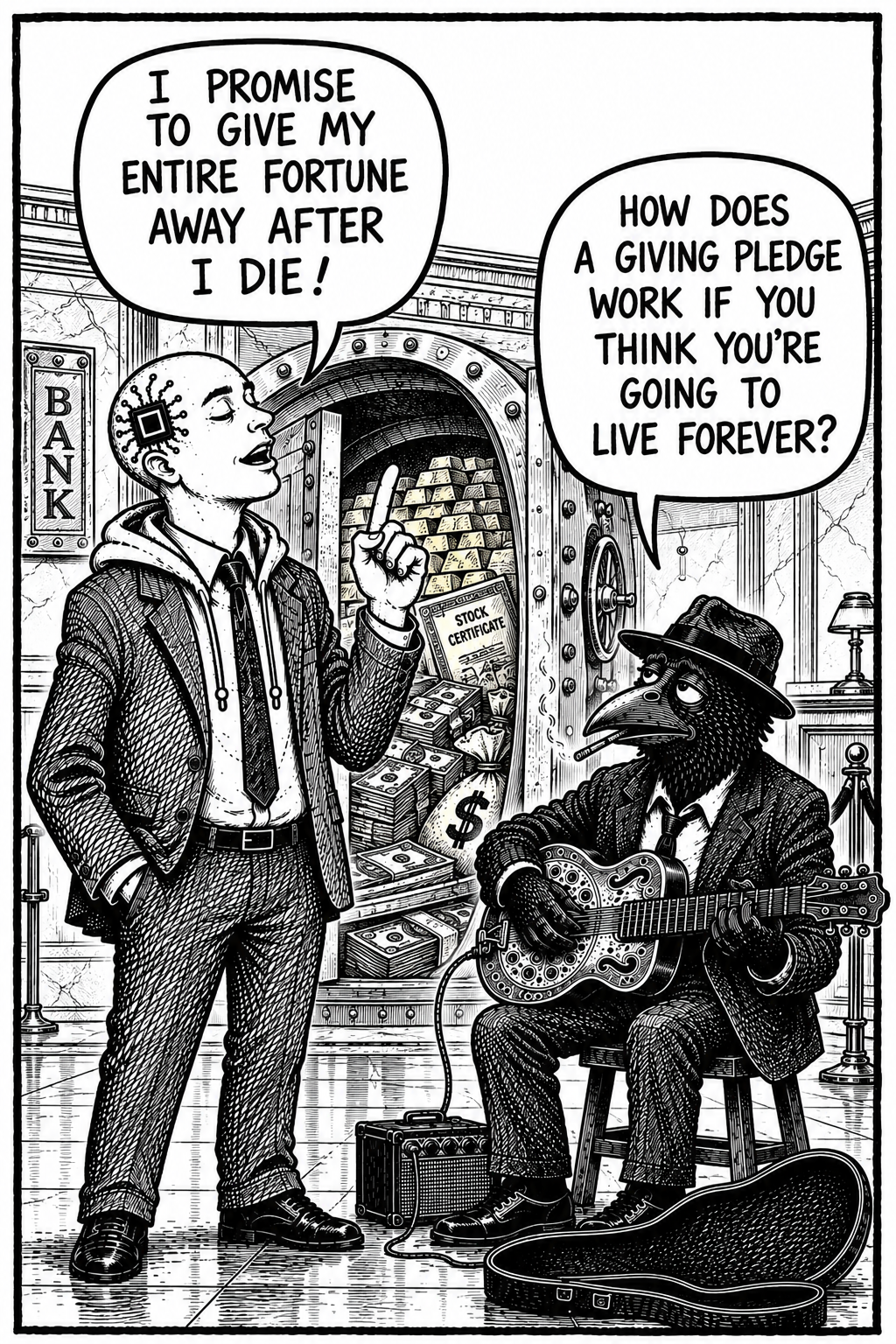 crow joe in the age of ai comic - the transhumanist, technocrat with business suit over hoodie and visible brain chip, boasts "I promise to give my entire fortune away after i die!" Crow joe the blues playing crow asks "how does a giving pledge work if you think you're going to live forever?" they are inside a bank with a vault open showing the vast technocrat wealth.  the giving pledge has been virtue signaling from the elites who talk like they're going to live forever.  if you're not going to die you don't have to give up your wealth, it's a meaningless pledge